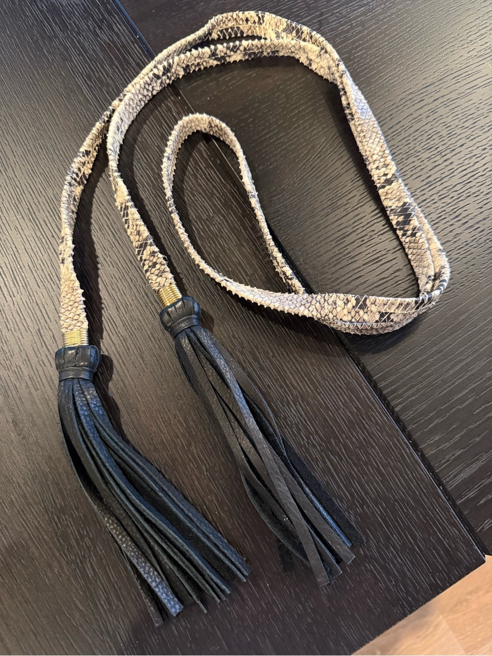 Snakeskin Print Tassel Belt - Black and Cream